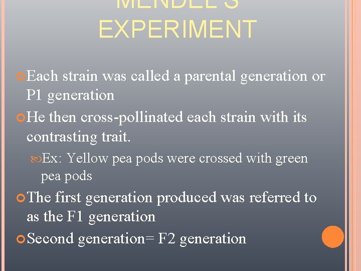 MENDEL’S EXPERIMENT Each strain was called a parental generation or P 1 generation He