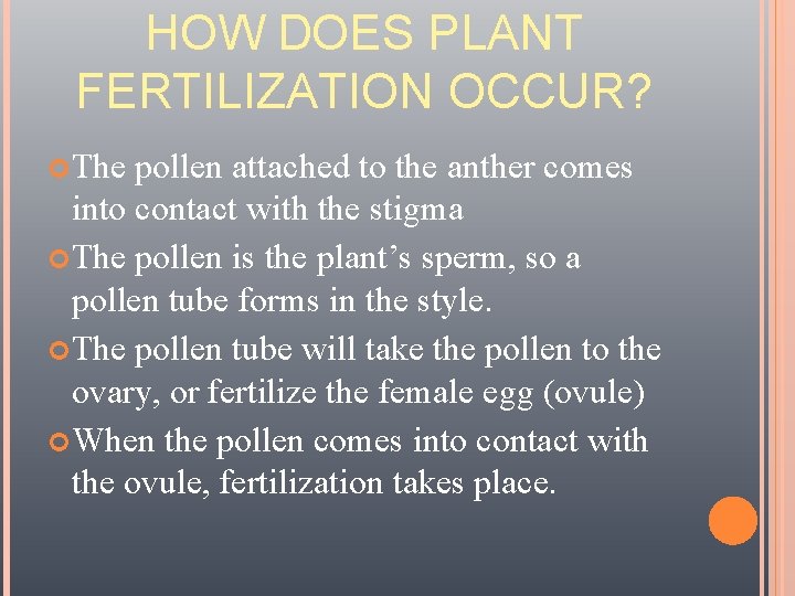 HOW DOES PLANT FERTILIZATION OCCUR? The pollen attached to the anther comes into contact