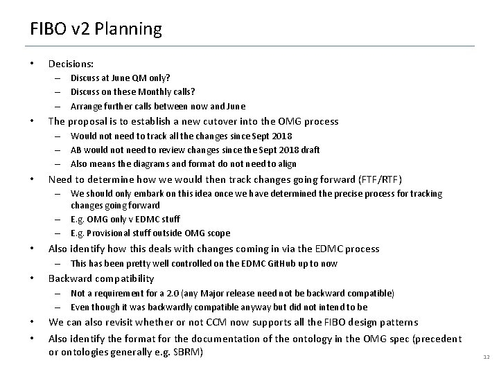 FIBO v 2 Planning • Decisions: – Discuss at June QM only? – Discuss
