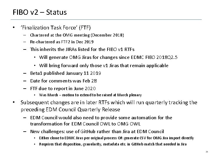 FIBO v 2 – Status • ‘Finalization Task Force’ (FTF) – Chartered at the
