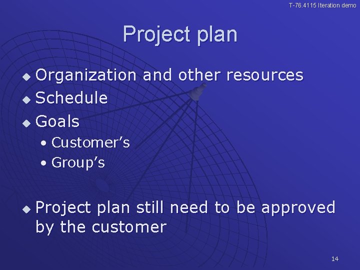 T-76. 4115 Iteration demo Project plan Organization and other resources u Schedule u Goals