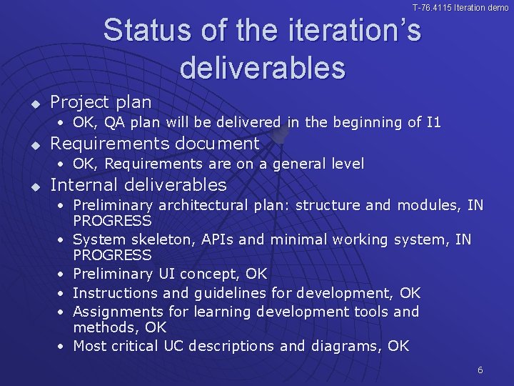 T-76. 4115 Iteration demo Status of the iteration’s deliverables u Project plan • OK,