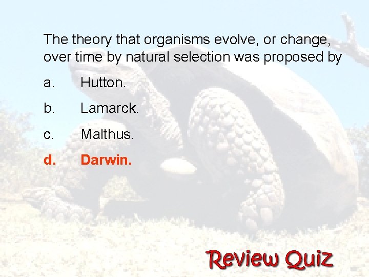 The theory that organisms evolve, or change, over time by natural selection was proposed
