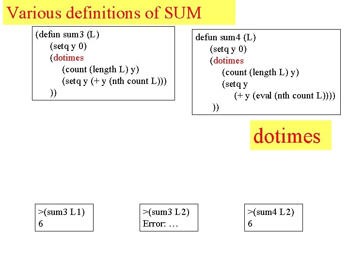 Various definitions of SUM (defun sum 3 (L) (setq y 0) (dotimes (count (length