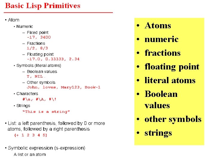  • • • Atoms numeric fractions floating point literal atoms Boolean values •