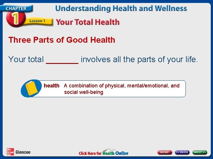 Three Parts of Good Health Your total _______ involves all the parts of your