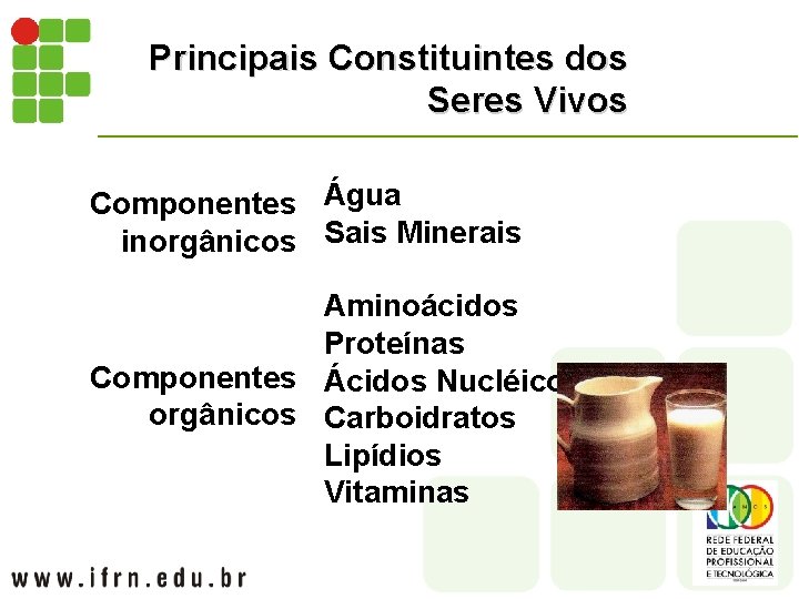 Principais Constituintes dos Seres Vivos Componentes Água inorgânicos Sais Minerais Aminoácidos Proteínas Componentes Ácidos