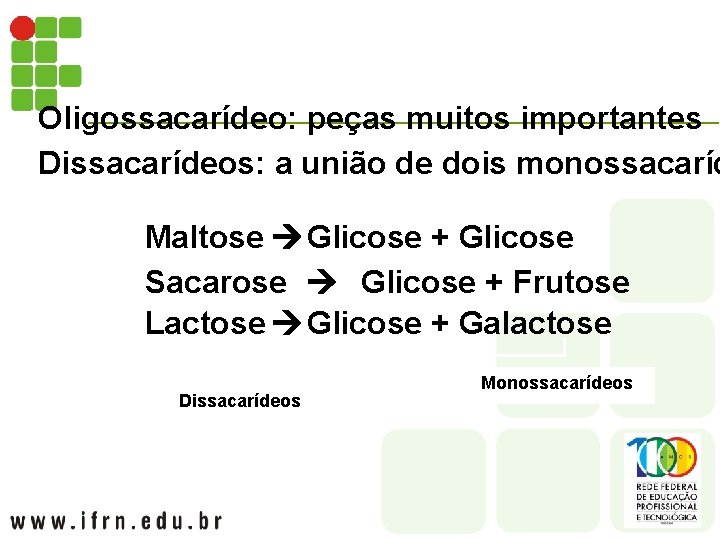 Oligossacarídeo: peças muitos importantes Dissacarídeos: a união de dois monossacaríd Maltose Glicose + Glicose