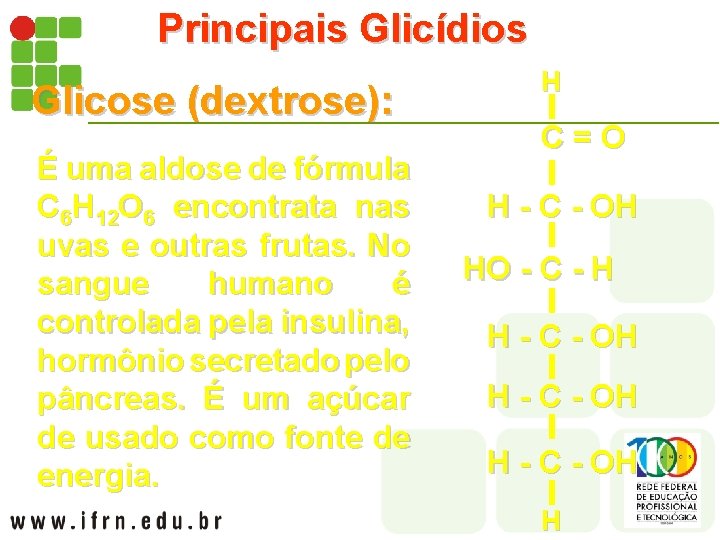 Principais Glicídios Glicose (dextrose): É uma aldose de fórmula C 6 H 12 O