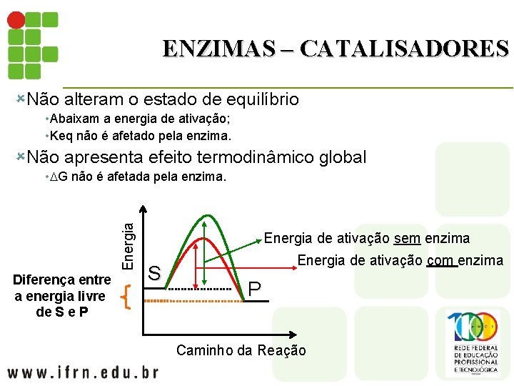 ENZIMAS – CATALISADORES ûNão alteram o estado de equilíbrio • Abaixam a energia de