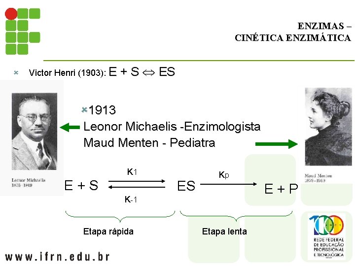 ENZIMAS – CINÉTICA ENZIMÁTICA û Victor Henri (1903): E + S ES û 1913