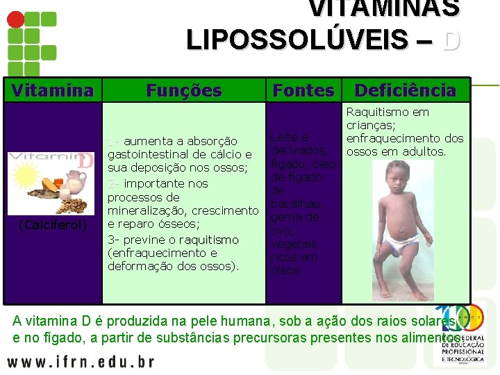 VITAMINAS LIPOSSOLÚVEIS – D Vitamina (Calciferol) Funções 1 - aumenta a absorção gastointestinal de