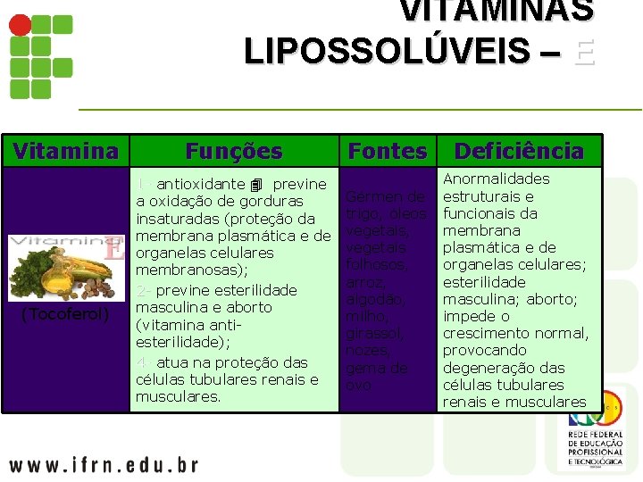 VITAMINAS LIPOSSOLÚVEIS – E Vitamina (Tocoferol) Funções 1 - antioxidante previne a oxidação de