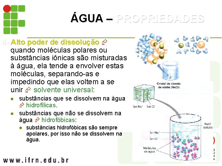 ÁGUA – PROPRIEDADES 4 - Alto poder de dissolução quando moléculas polares ou substâncias