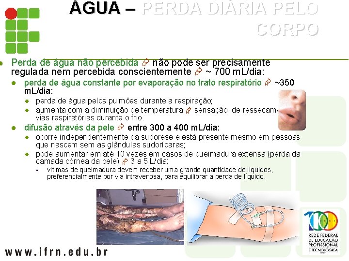 l ÁGUA – PERDA DIÁRIA PELO CORPO Perda de água não percebida não pode