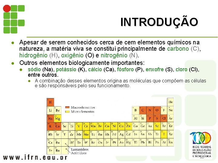 INTRODUÇÃO l l Apesar de serem conhecidos cerca de cem elementos químicos na natureza,