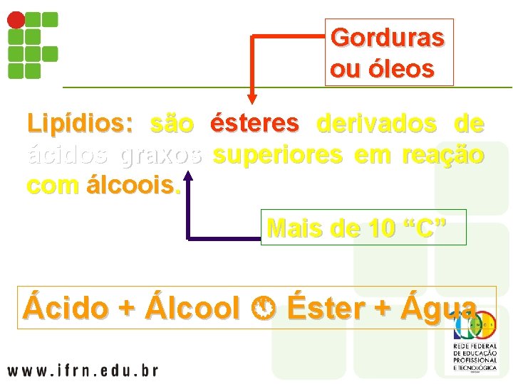 Gorduras ou óleos Lipídios: são ésteres derivados de ácidos graxos superiores em reação com