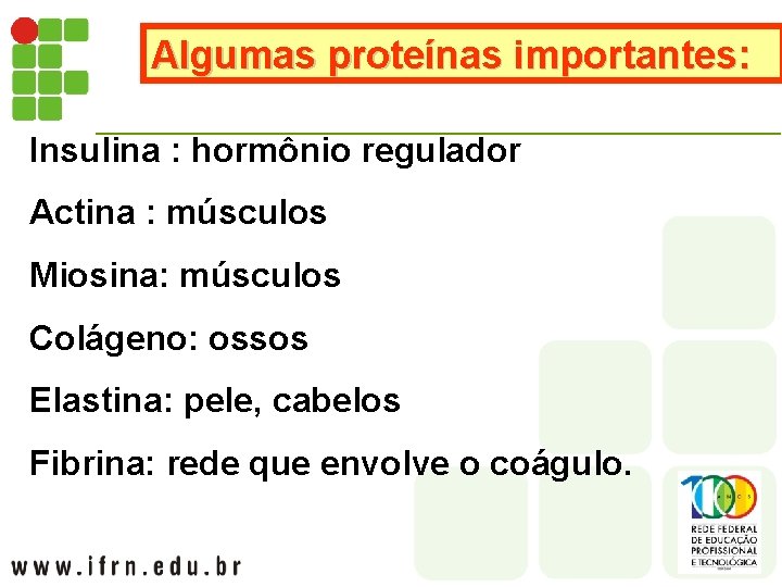 Algumas proteínas importantes: Insulina : hormônio regulador Actina : músculos Miosina: músculos Colágeno: ossos