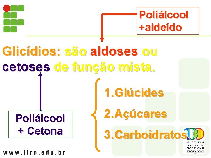 Poliálcool +aldeído Glicídios: são aldoses ou cetoses de função mista. 1. Glúcides Poliálcool +