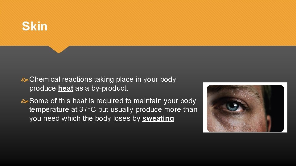 Skin Chemical reactions taking place in your body produce heat as a by-product. Some