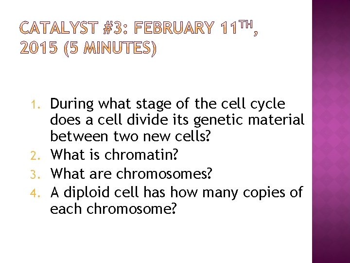 During what stage of the cell cycle does a cell divide its genetic material