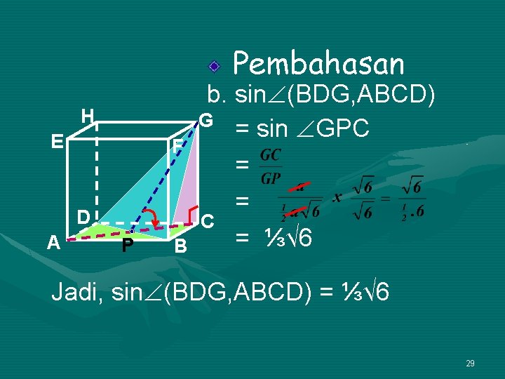 Pembahasan H E F D A P B b. sin (BDG, ABCD) G =