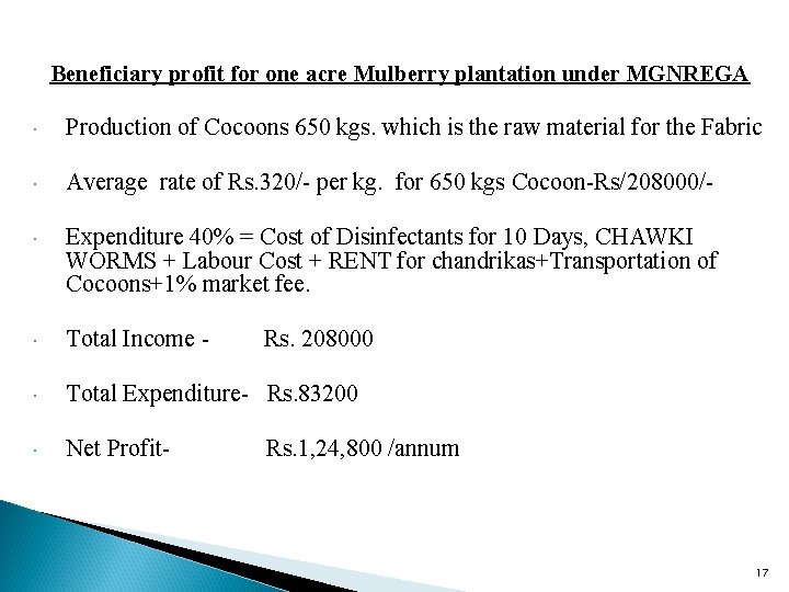 Beneficiary profit for one acre Mulberry plantation under MGNREGA Production of Cocoons 650 kgs.