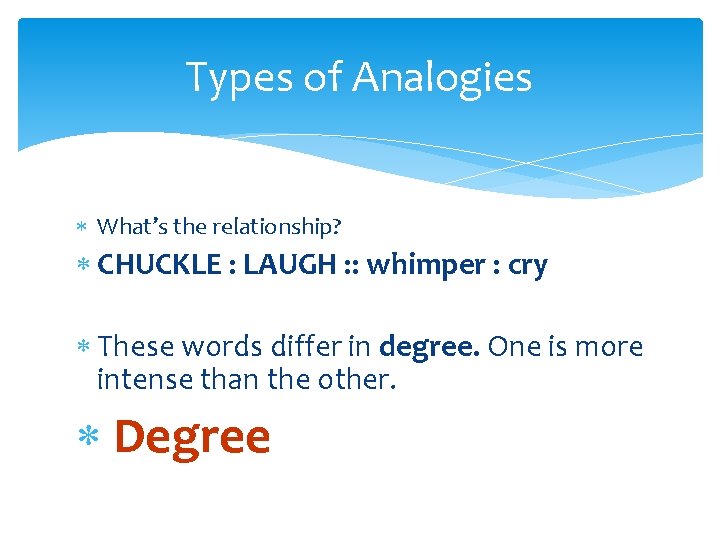 Types of Analogies What’s the relationship? CHUCKLE : LAUGH : : whimper : cry