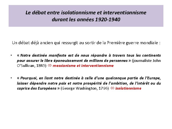 Le débat entre isolationnisme et interventionnisme durant les années 1920 -1940 Un débat déjà