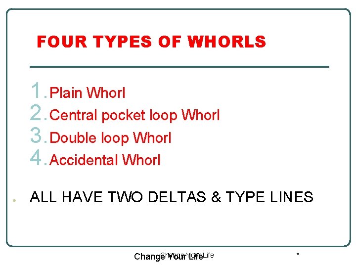 FOUR TYPES OF WHORLS 1. Plain Whorl 2. Central pocket loop Whorl 3. Double