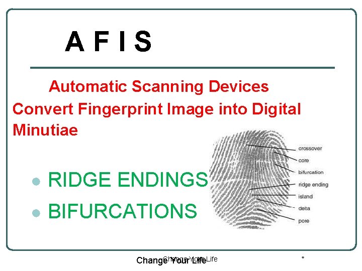 AFIS Automatic Scanning Devices Convert Fingerprint Image into Digital Minutiae ● RIDGE ENDINGS ●