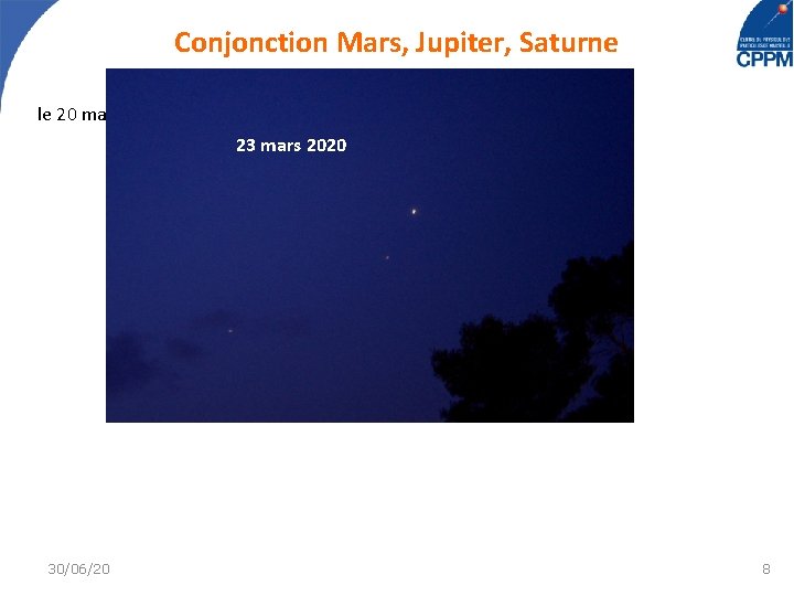 Conjonction Mars, Jupiter, Saturne le 20 mars 2020, de ma fenêtre… Merci le confinement