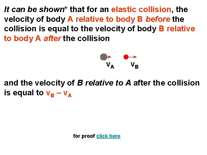 It can be shown* that for an elastic collision, the velocity of body A It can be shown* that for an elastic collision, the velocity of body A