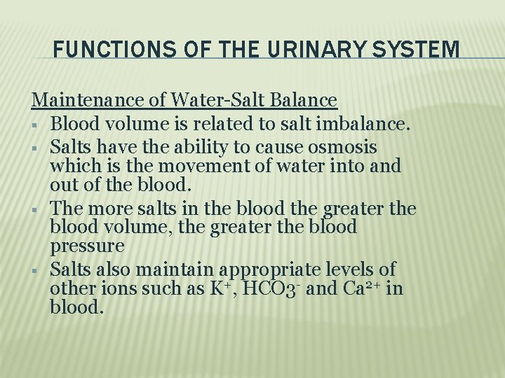 FUNCTIONS OF THE URINARY SYSTEM Maintenance of Water-Salt Balance Blood volume is related to