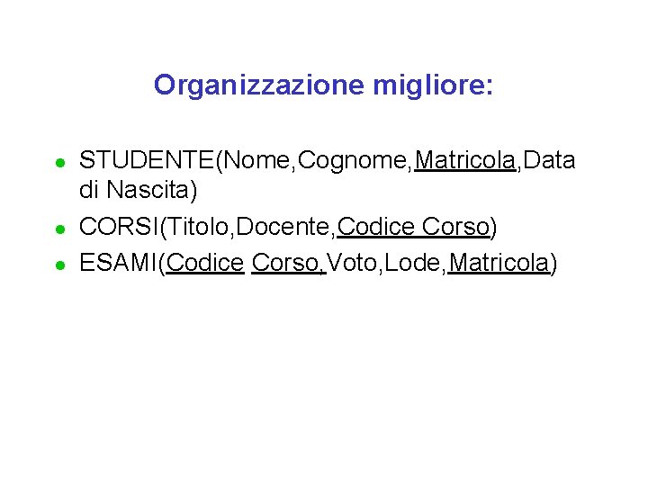 Organizzazione migliore: l l l STUDENTE(Nome, Cognome, Matricola, Data di Nascita) CORSI(Titolo, Docente, Codice