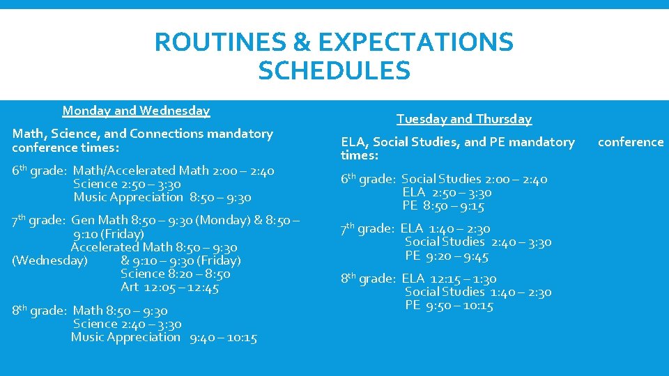 ROUTINES EXPECTATIONS SCHEDULES Monday and Wednesday Math Science