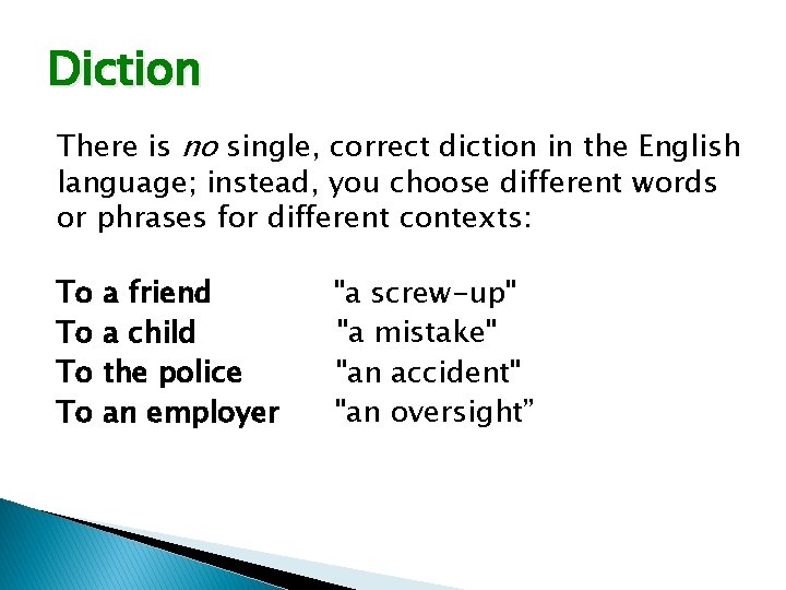 Diction There is no single, correct diction in the English language; instead, you choose