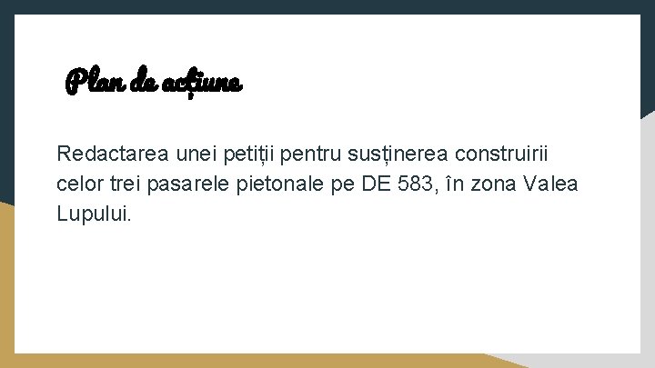 Plan de acțiune Redactarea unei petiții pentru susținerea construirii celor trei pasarele pietonale pe