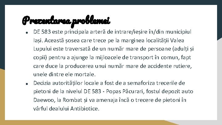 Prezentarea problemei ● ● DE 583 este principala arteră de intrare/ieșire în/din municipiul Iași.