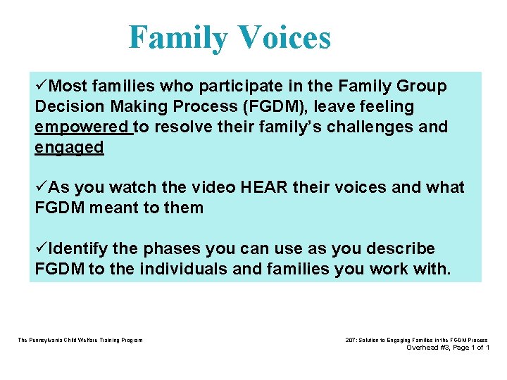 Family Voices üMost families who participate in the Family Group Decision Making Process (FGDM),