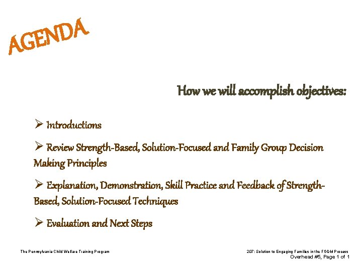 A D N AGE How we will accomplish objectives: Ø Introductions Ø Review Strength-Based,