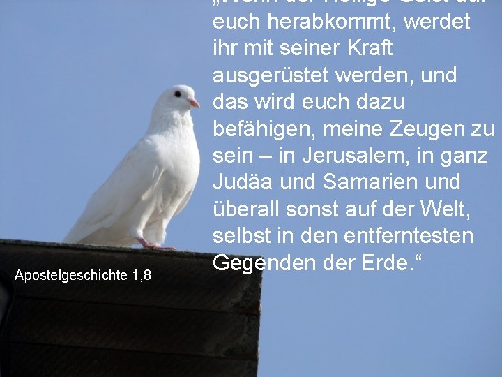 Apostelgeschichte 1, 8 „Wenn der Heilige Geist auf euch herabkommt, werdet ihr mit seiner