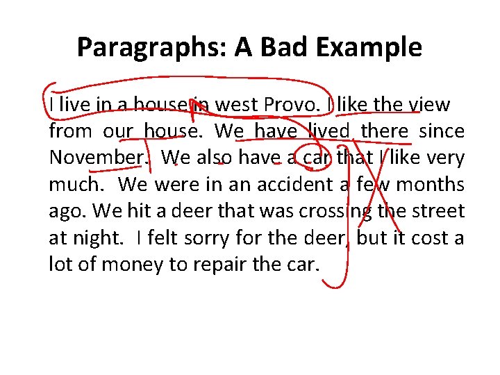 Paragraphs: A Bad Example I live in a house in west Provo. I like Paragraphs: A Bad Example I live in a house in west Provo. I like