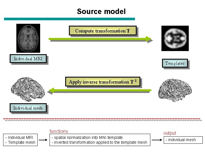 Source model Compute transformation T Individual MRI Templates Apply inverse transformation T-1 Individual mesh Source model Compute transformation T Individual MRI Templates Apply inverse transformation T-1 Individual mesh