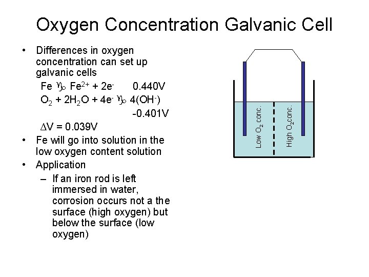 High O 2 conc. • Differences in oxygen concentration can set up galvanic cells