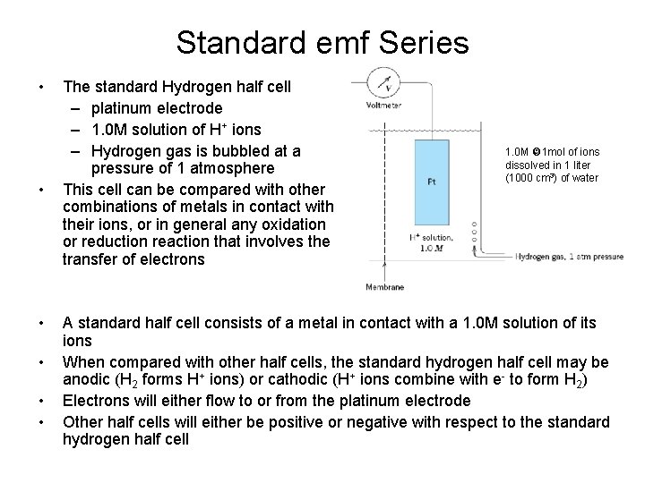 Standard emf Series • • • The standard Hydrogen half cell – platinum electrode