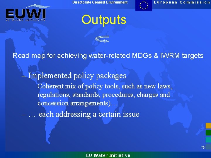 Directorate General Environment European Commission Outputs Road map for achieving water-related MDGs & IWRM