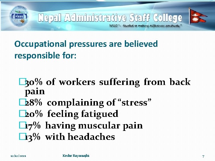 Occupational pressures are believed responsible for: � 30% of workers suffering from back pain
