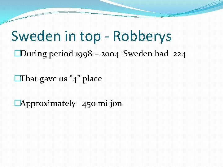 Sweden in top - Robberys �During period 1998 – 2004 Sweden had 224 �That