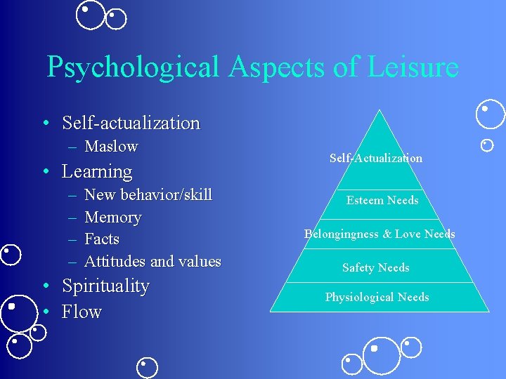 Psychological Aspects of Leisure • Self-actualization – Maslow • Learning – – New behavior/skill